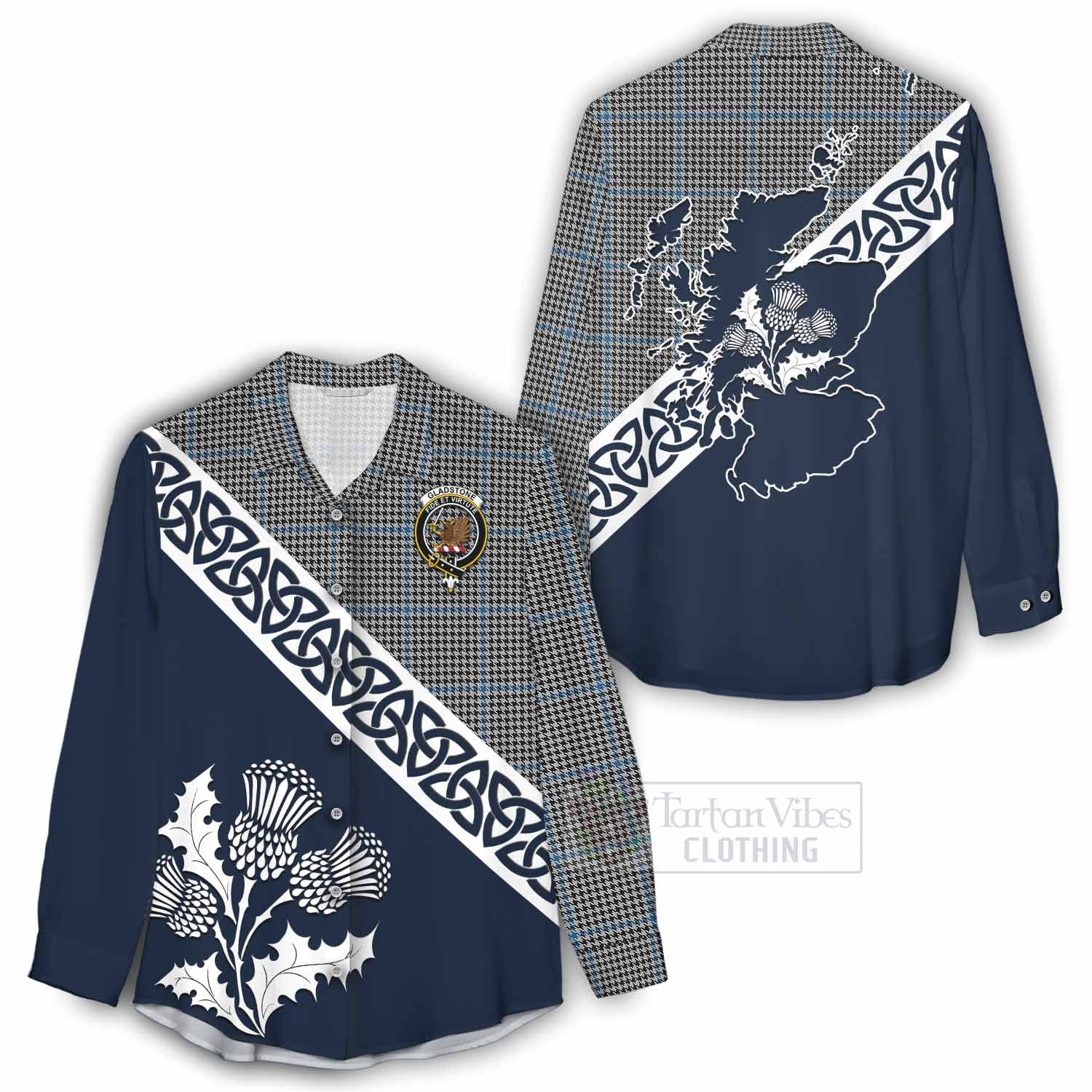 Gladstone (Gladstanes) Tartan Women's Casual Shirt Featuring Thistle and Scotland Map - Tartan Vibes Clothing