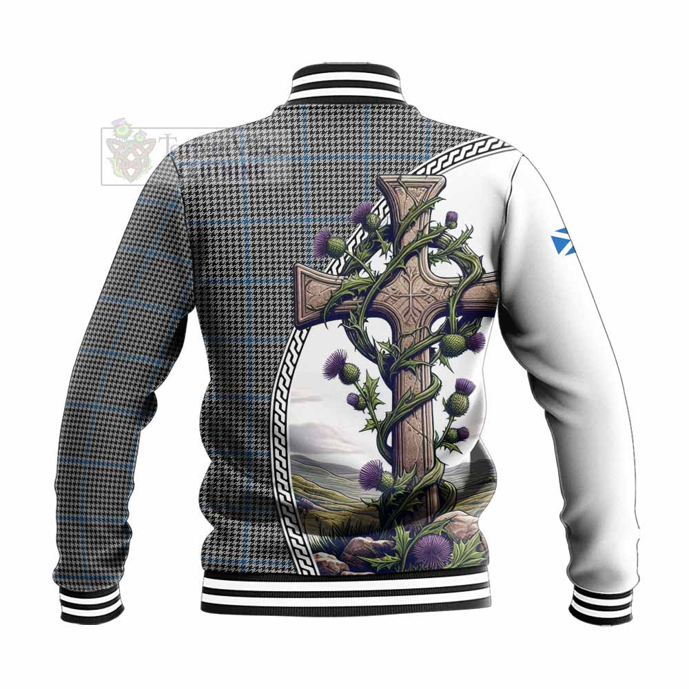 Tartan Vibes Clothing Gladstone (Gladstanes) Tartan Baseball Jacket with Family Crest and St. Andrew's Cross Accented by Thistle Vines