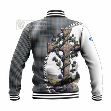 Tartan Vibes Clothing Gladstone (Gladstanes) Tartan Baseball Jacket with Family Crest and St. Andrew's Cross Accented by Thistle Vines
