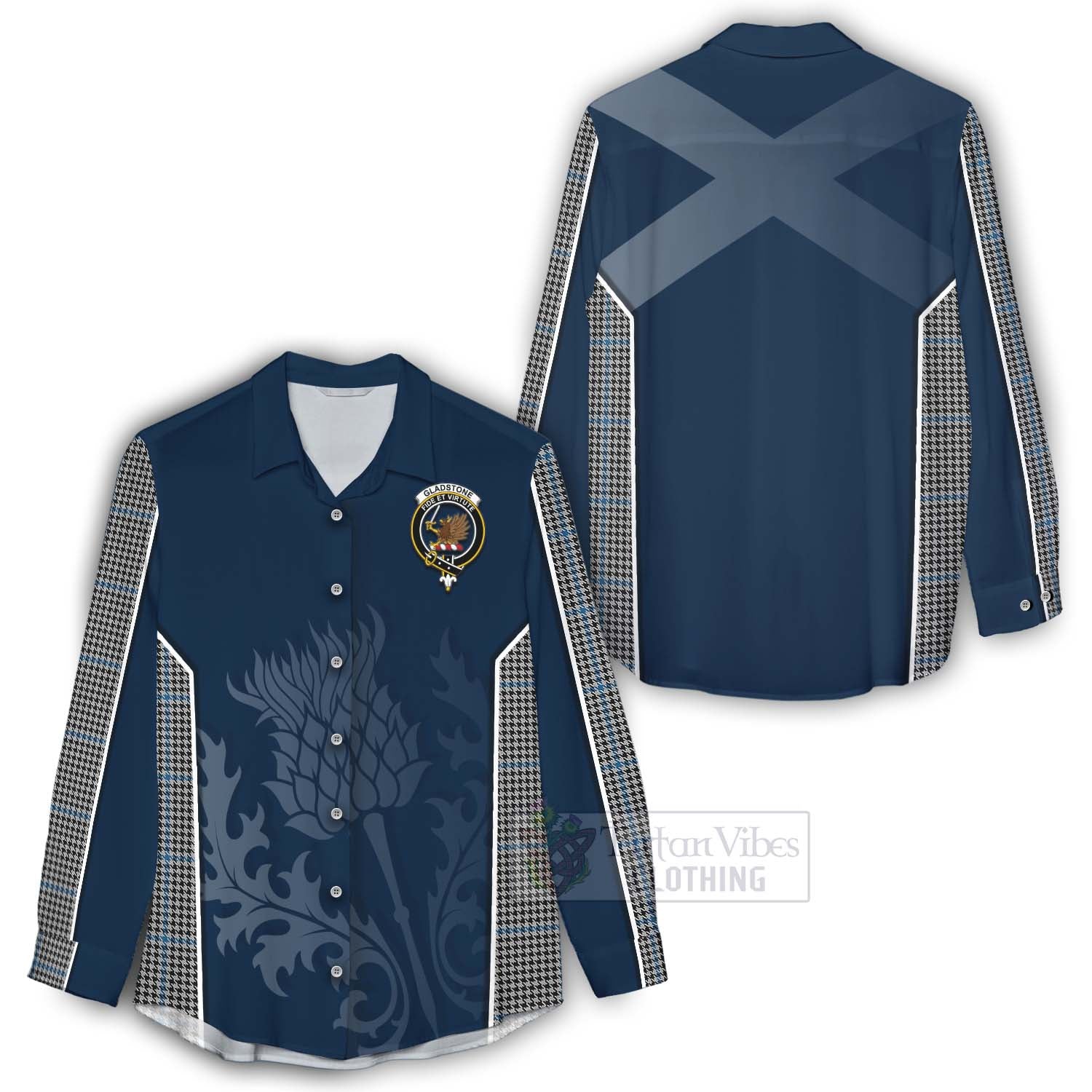 Tartan Vibes Clothing Gladstone (Gladstanes) Tartan Women's Casual Shirt with Family Crest and Scottish Thistle Vibes Sport Style