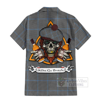 Gladstone (Gladstanes) Tartan Hawaiian Shirt with Family Crest and Bearded Skull Holding Bottles of Whiskey - Tartan Vibes Clothing
