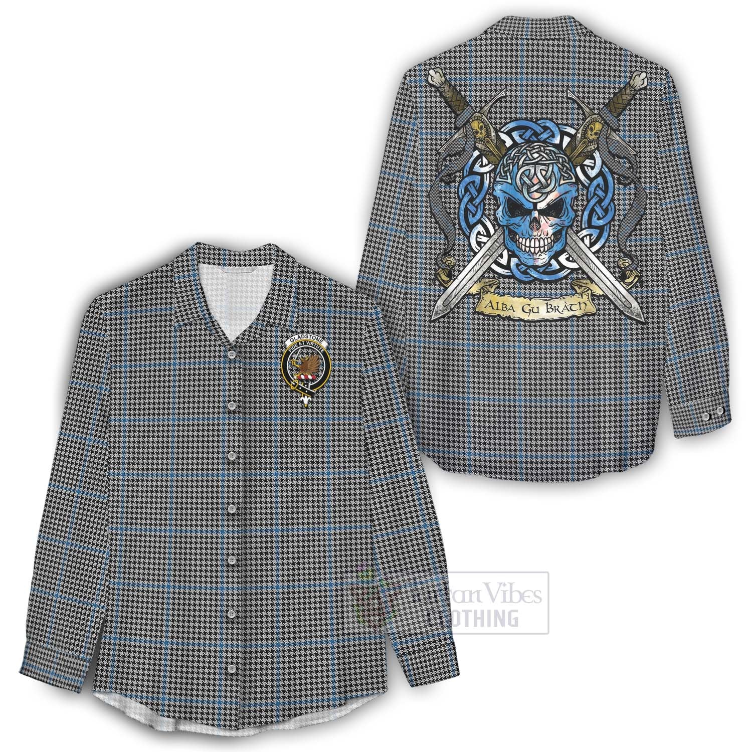 Gladstone (Gladstanes) Tartan Women's Casual Shirt with Family Crest Celtic Skull Style - Tartan Vibes Clothing