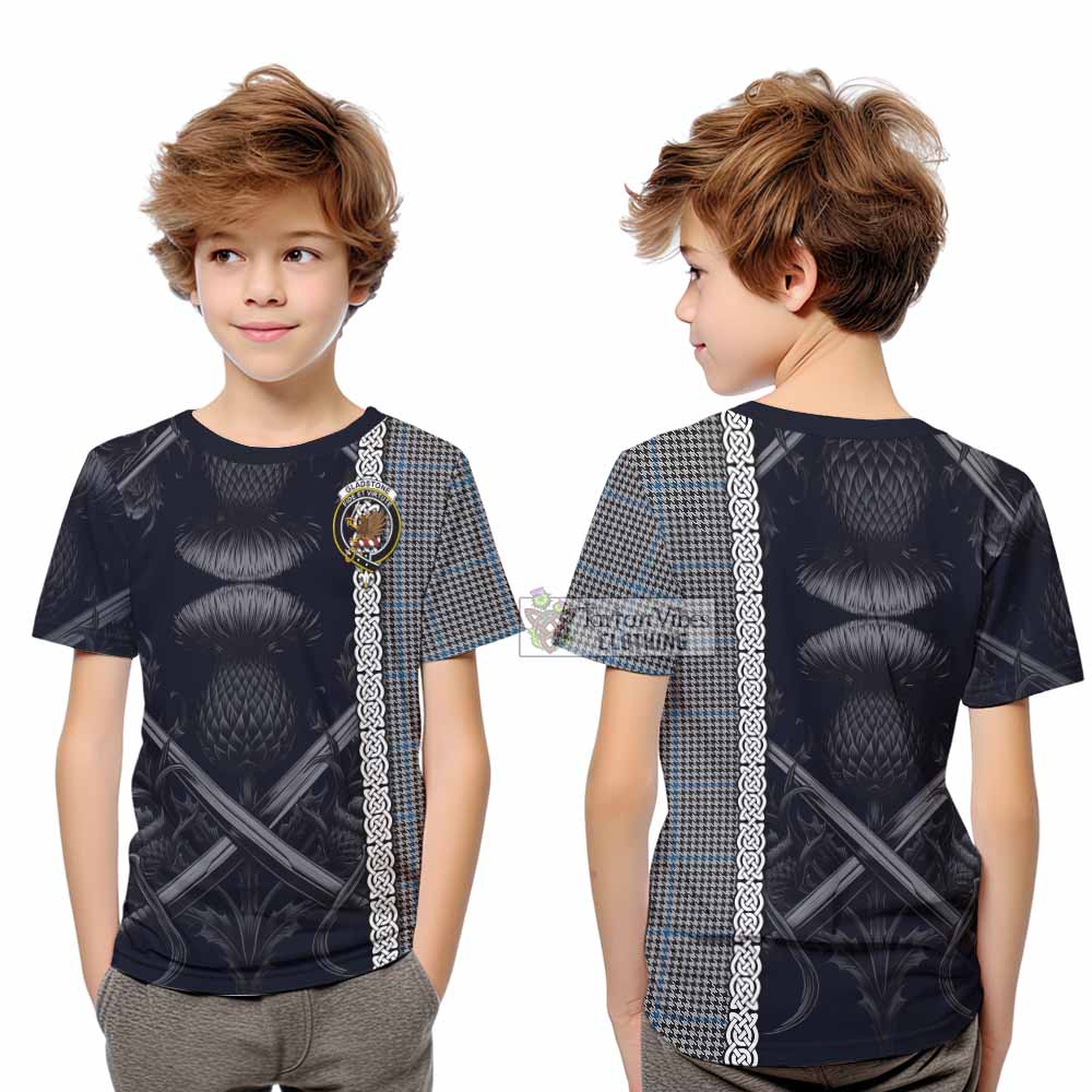 Gladstone (Gladstanes) Tartan Kid T-Shirt with Family Crest Cross Sword Thistle Celtic Vibes - Tartan Vibes Clothing