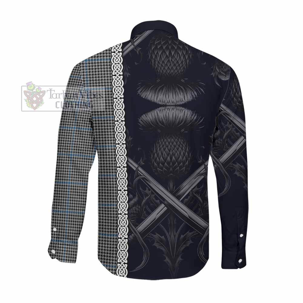 Tartan Vibes Clothing Gladstone (Gladstanes) Tartan Long Sleeve Button Shirt with Family Crest Cross Sword Thistle Celtic Vibes