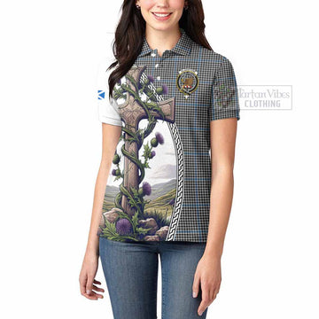 Tartan Vibes Clothing Gladstone (Gladstanes) Tartan Women's Polo Shirt with Family Crest and St. Andrew's Cross Accented by Thistle Vines