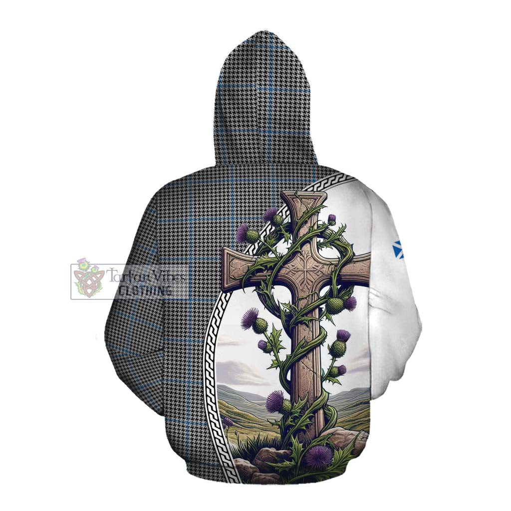 Tartan Vibes Clothing Gladstone (Gladstanes) Tartan Cotton Hoodie with Family Crest and St. Andrew's Cross Accented by Thistle Vines