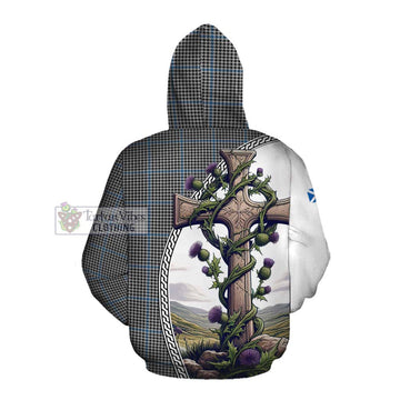 Tartan Vibes Clothing Gladstone (Gladstanes) Tartan Cotton Hoodie with Family Crest and St. Andrew's Cross Accented by Thistle Vines