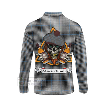 Gladstone (Gladstanes) Tartan Long Sleeve Polo Shirt with Family Crest and Bearded Skull Holding Bottles of Whiskey - Tartan Vibes Clothing