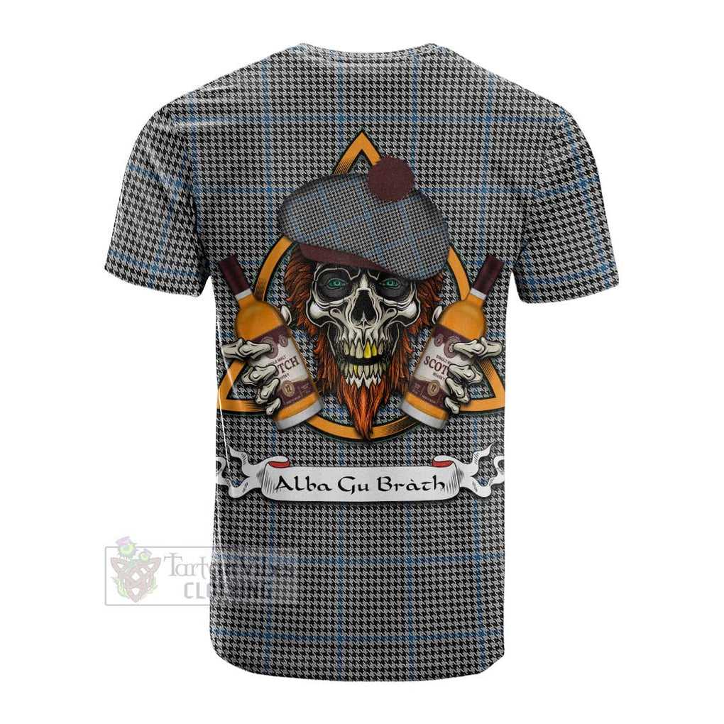 Tartan Vibes Clothing Gladstone (Gladstanes) Tartan Cotton T-shirt with Family Crest and Bearded Skull Holding Bottles of Whiskey