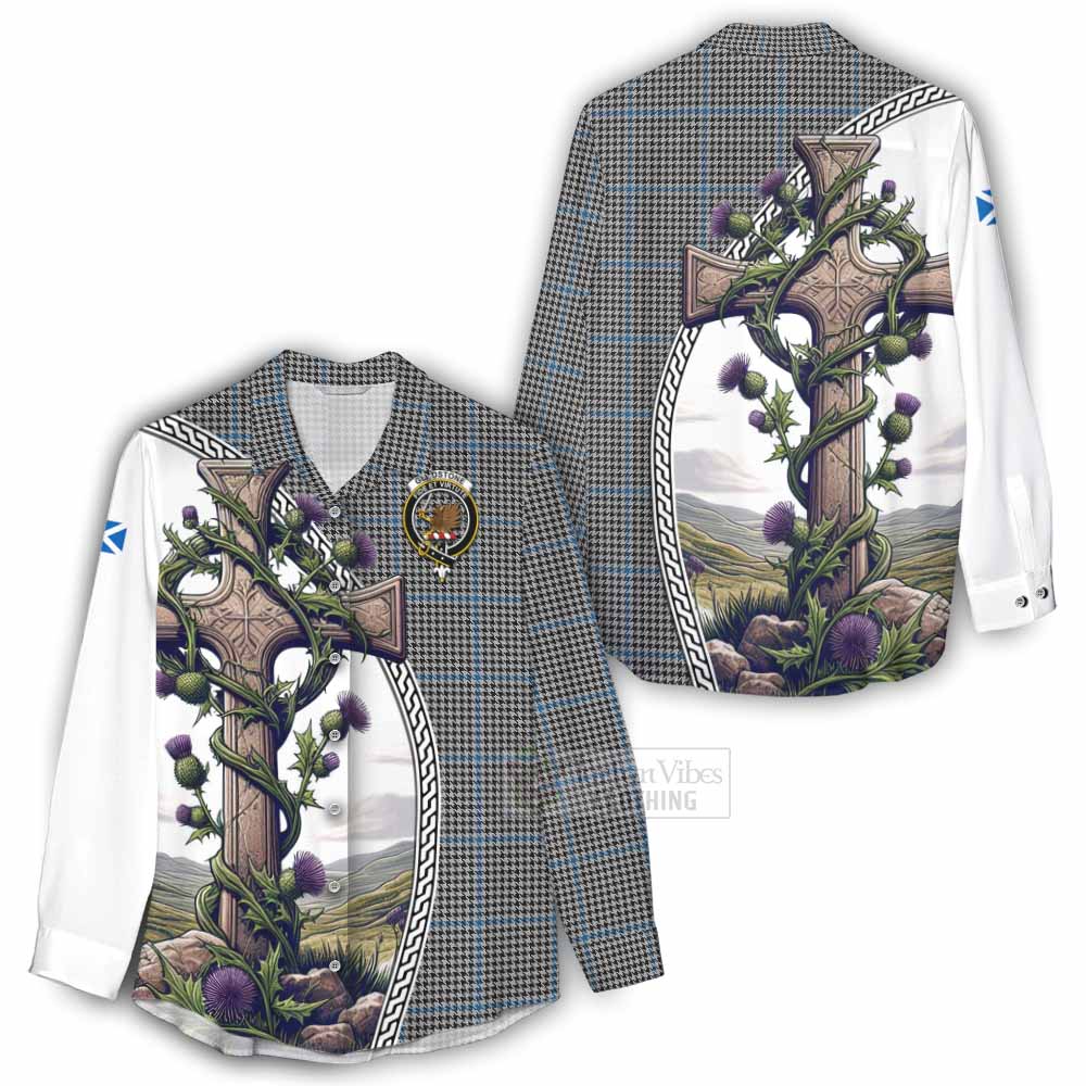 Tartan Vibes Clothing Gladstone (Gladstanes) Tartan Women's Casual Shirt with Family Crest and St. Andrew's Cross Accented by Thistle Vines