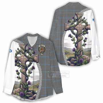 Tartan Vibes Clothing Gladstone (Gladstanes) Tartan Women's Casual Shirt with Family Crest and St. Andrew's Cross Accented by Thistle Vines