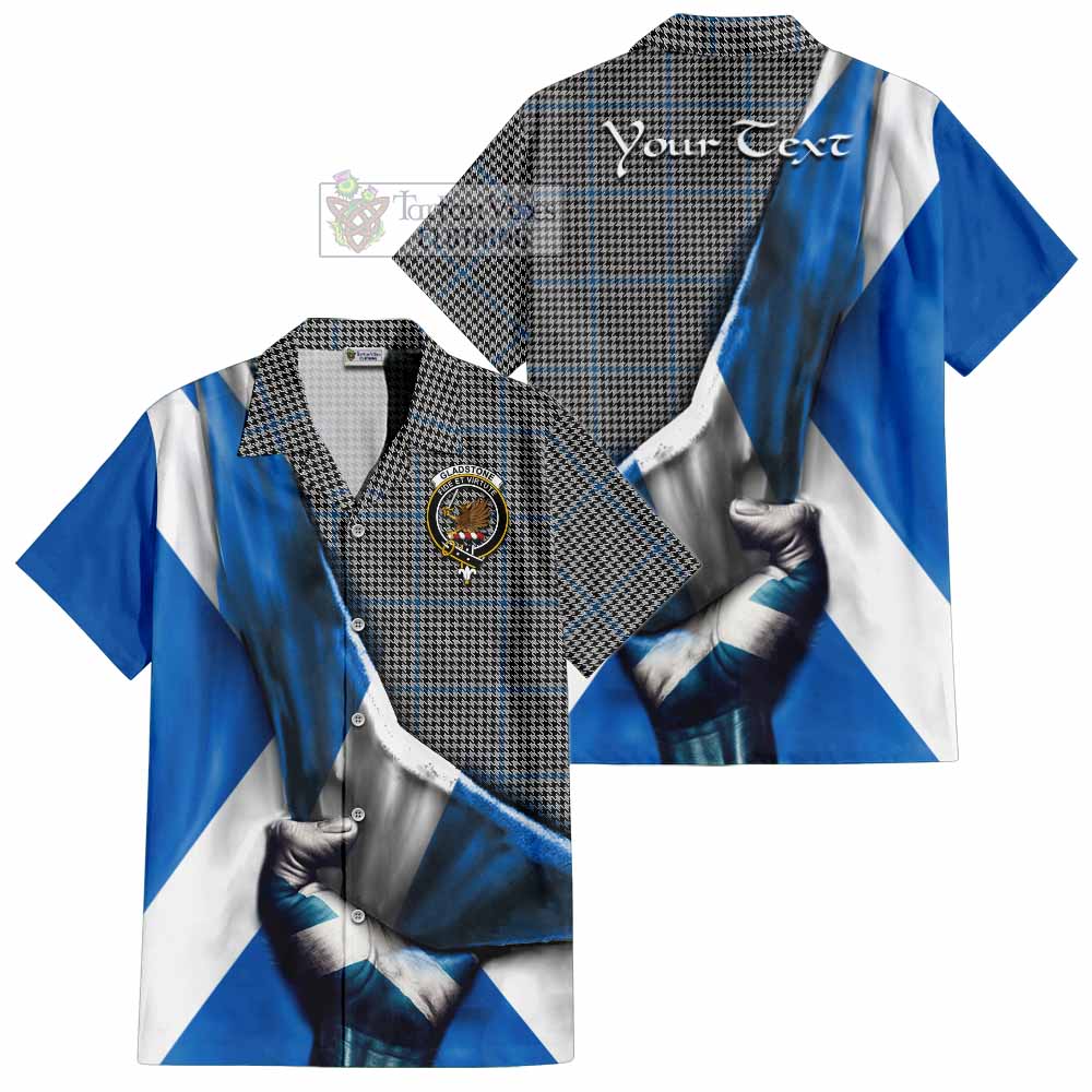 Tartan Vibes Clothing Gladstone (Gladstanes) Tartan Short Sleeve Button Shirt with Family Crest Scotland Patriotic Style