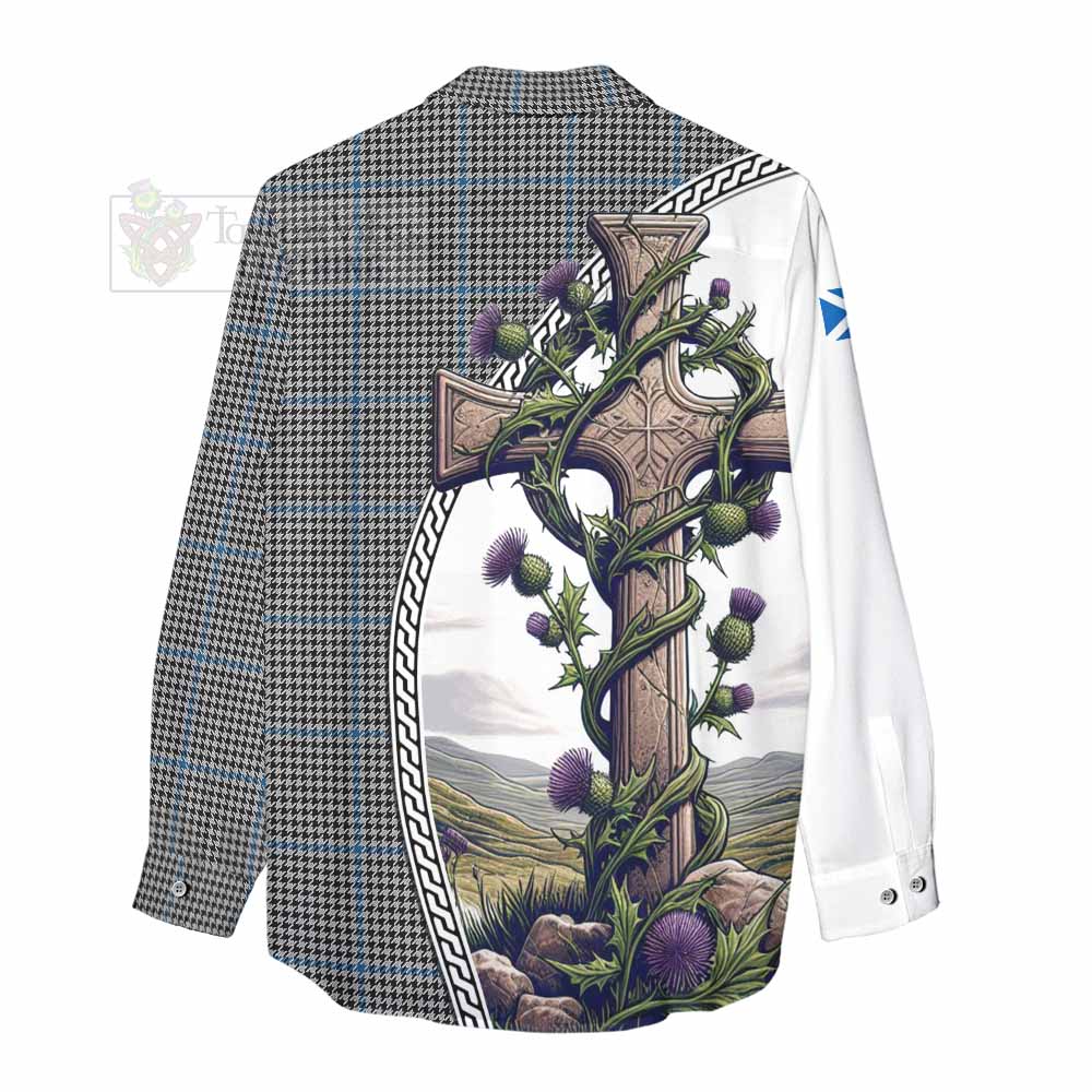 Tartan Vibes Clothing Gladstone (Gladstanes) Tartan Women's Casual Shirt with Family Crest and St. Andrew's Cross Accented by Thistle Vines