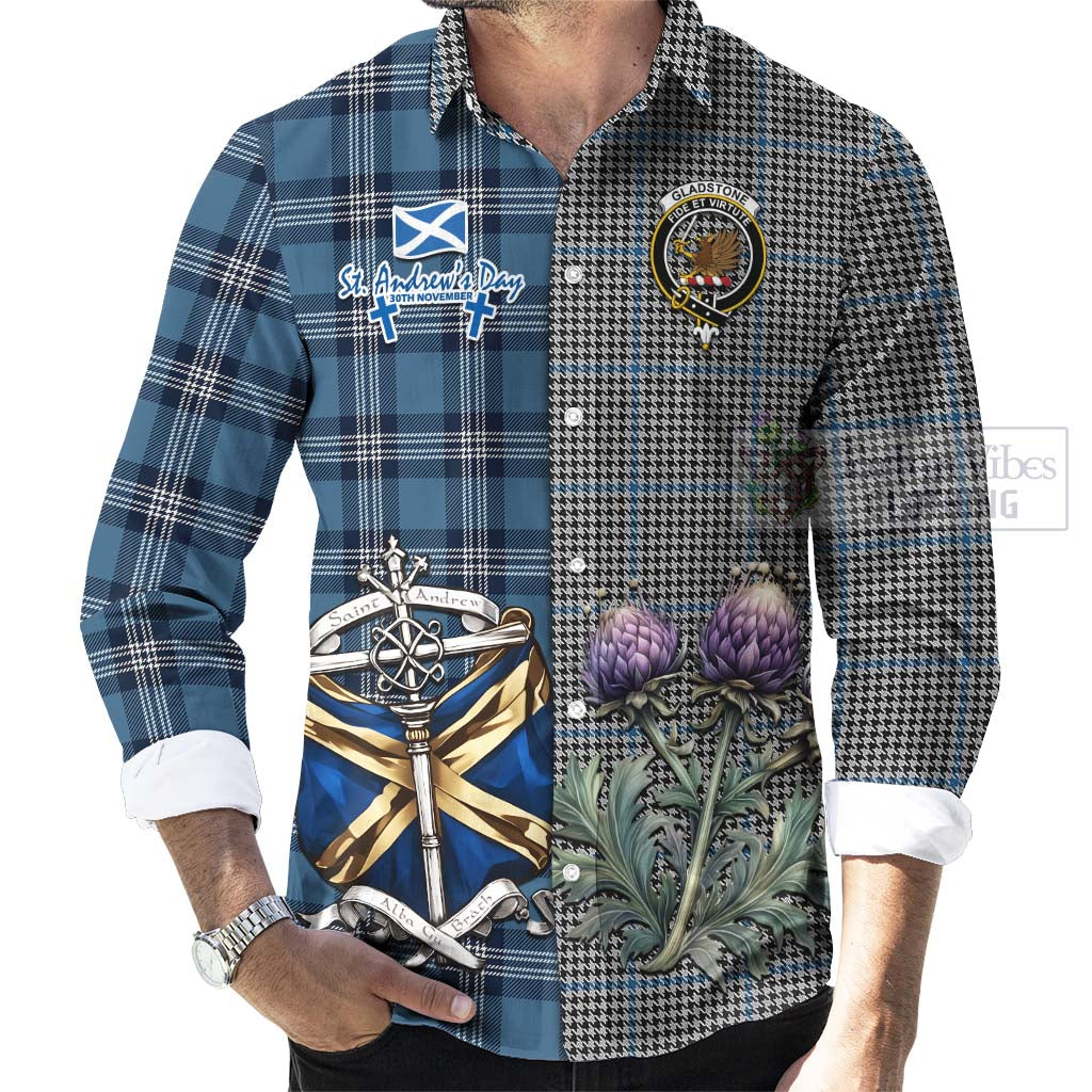 Gladstone (Gladstanes) Tartan Long Sleeve Button Shirt Happy St. Andrew's Day Half Tartan Style - Tartan Vibes Clothing