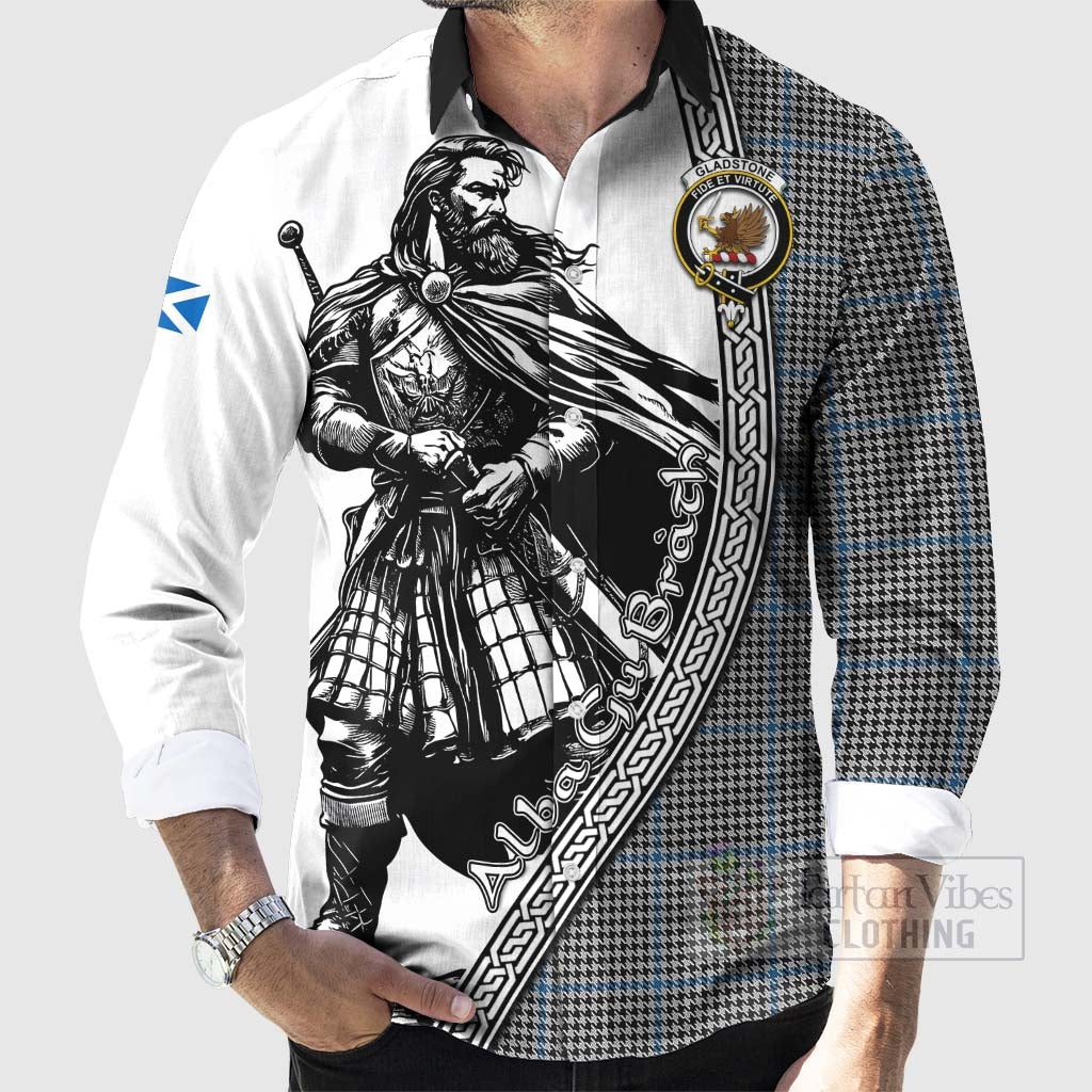 Gladstone (Gladstanes) Tartan Clan Crest Long Sleeve Button Shirt with Highlander Warrior Celtic Style - Tartan Vibes Clothing