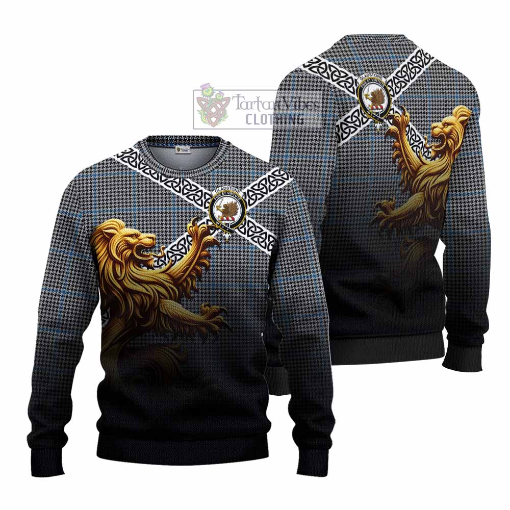 Gladstone (Gladstanes) Crest Tartan Knitted Sweater with Golden Lion Emblem Celtic Style - Tartan Vibes Clothing