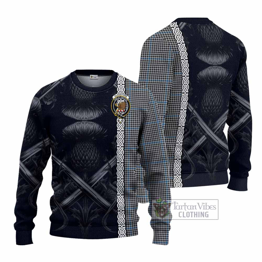 Gladstone (Gladstanes) Tartan Knitted Sweater with Family Crest Cross Sword Thistle Celtic Vibes - Tartan Vibes Clothing