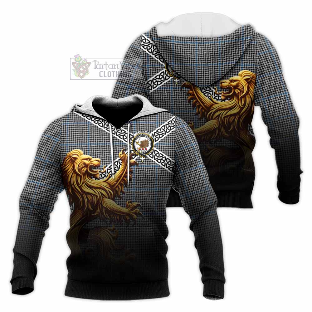 Gladstone (Gladstanes) Crest Tartan Knitted Hoodie with Golden Lion Emblem Celtic Style - Tartan Vibes Clothing