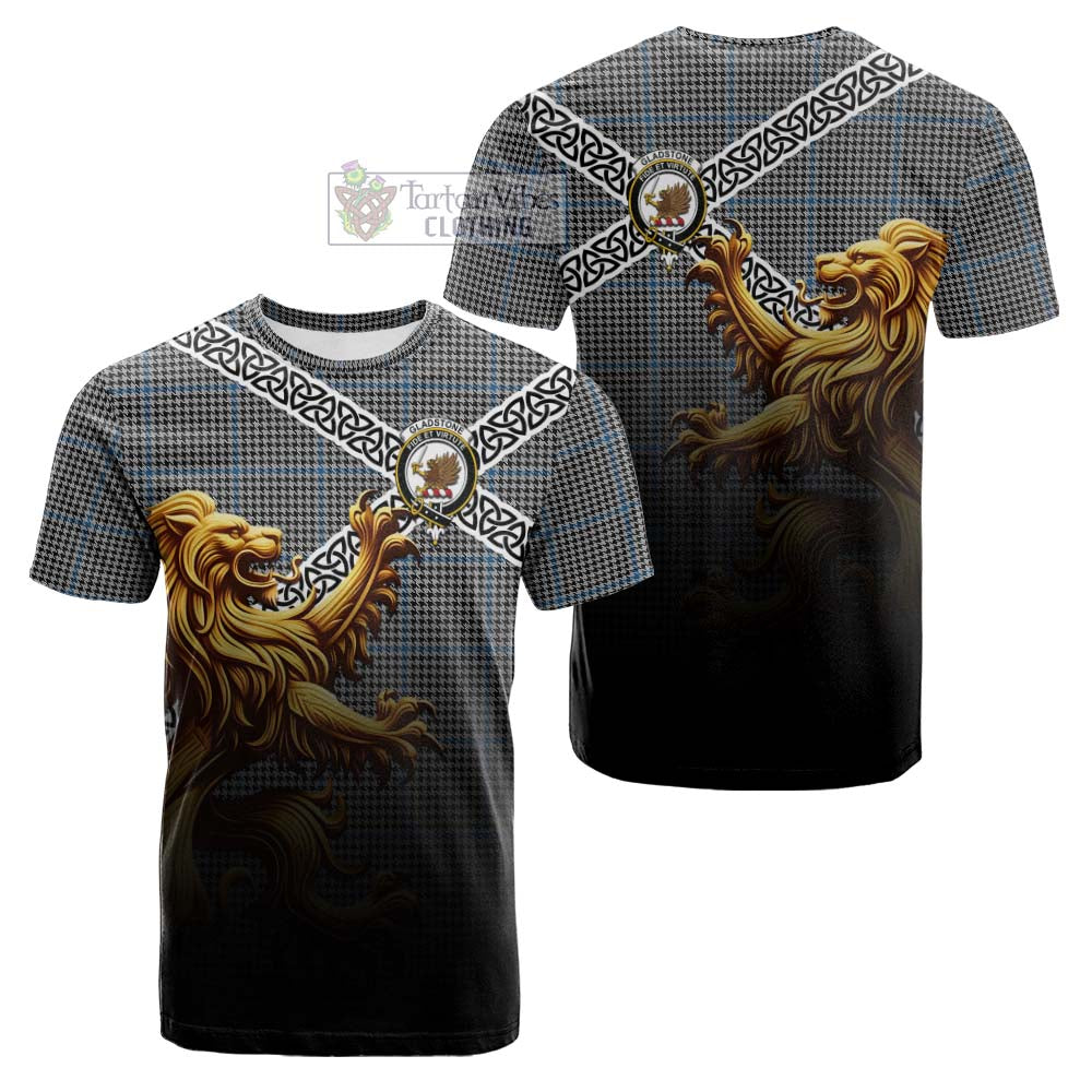 Tartan Vibes Clothing Gladstone (Gladstanes) Crest Tartan Cotton T-shirt with Golden Lion Emblem Celtic Style
