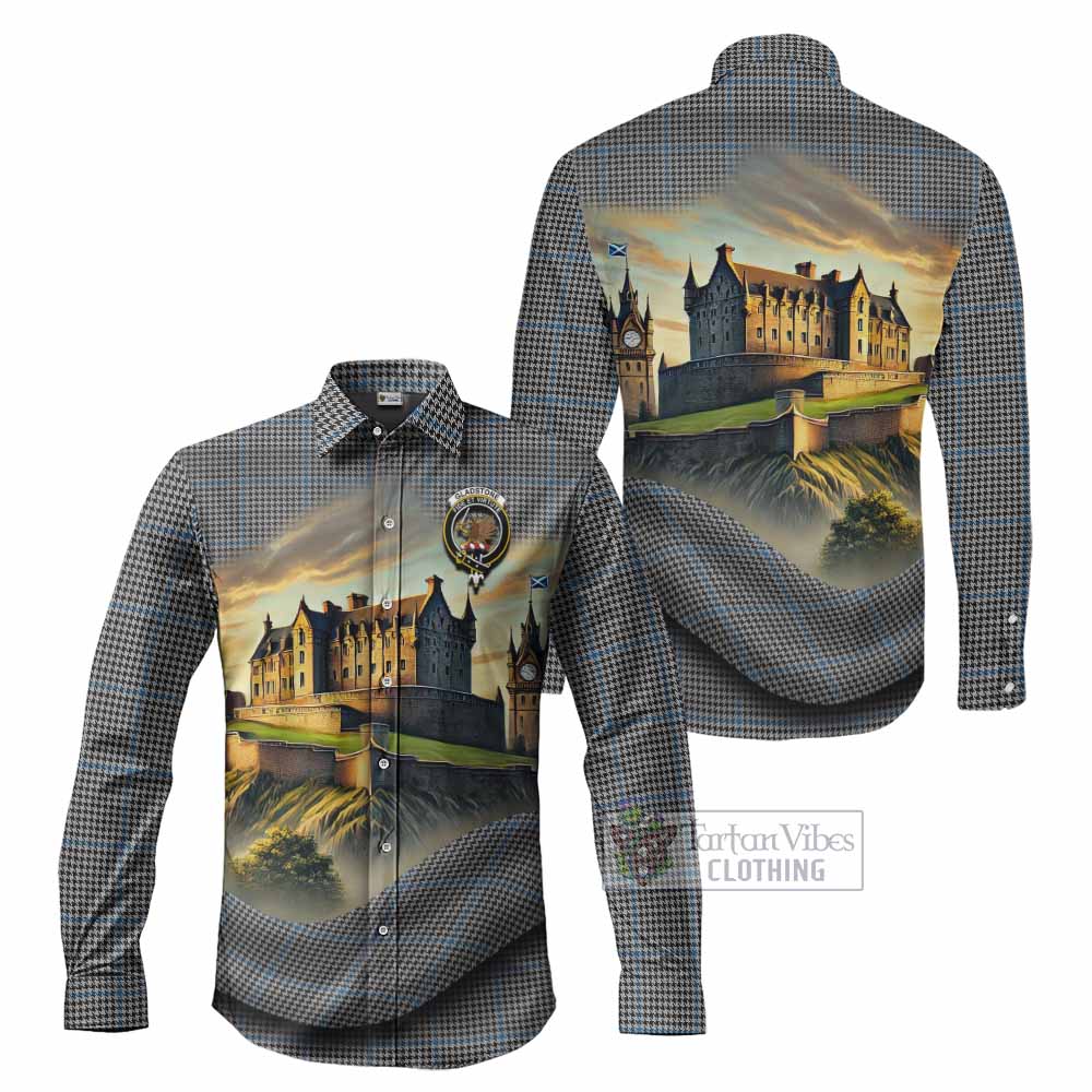 Tartan Vibes Clothing Gladstone (Gladstanes) Tartan Family Crest Long Sleeve Button Shirt with Scottish Ancient Castle Style