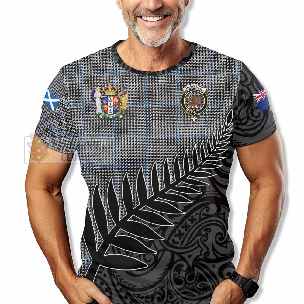Tartan Vibes Clothing Gladstone (Gladstanes) Crest Tartan T-Shirt with New Zealand Silver Fern Half Style