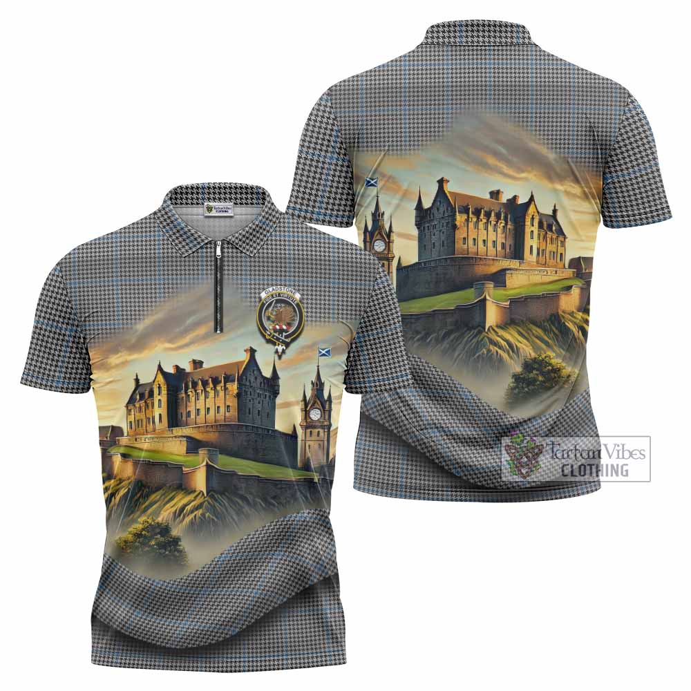 Gladstone (Gladstanes) Tartan Family Crest Zipper Polo Shirt with Scottish Ancient Castle Style - Tartan Vibes Clothing
