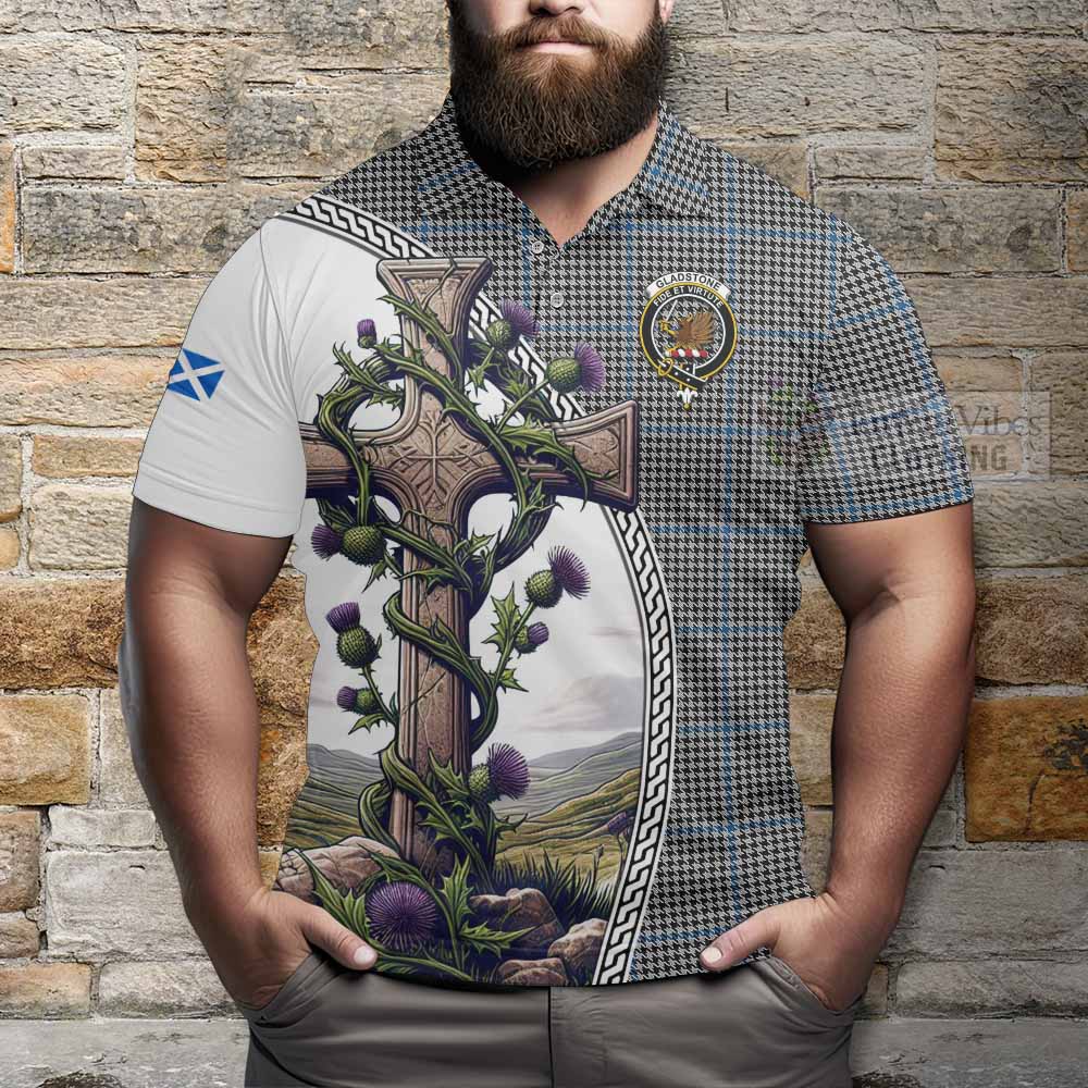 Tartan Vibes Clothing Gladstone (Gladstanes) Tartan Polo Shirt with Family Crest and St. Andrew's Cross Accented by Thistle Vines