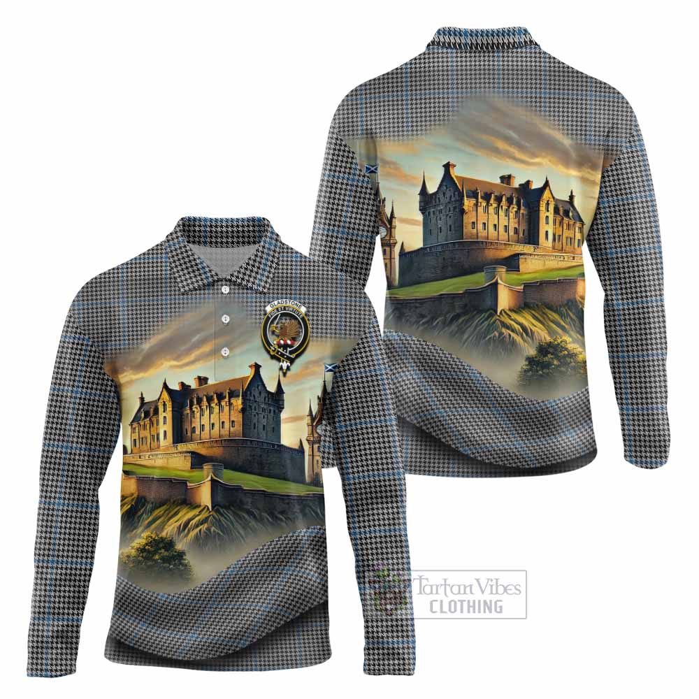 Gladstone (Gladstanes) Tartan Family Crest Long Sleeve Polo Shirt with Scottish Ancient Castle Style - Tartan Vibes Clothing