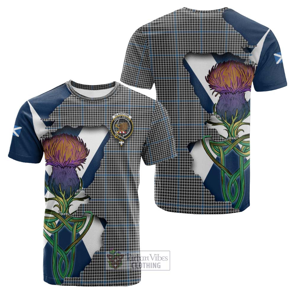 Tartan Vibes Clothing Gladstone (Gladstanes) Tartan Family Crest Cotton T-shirt Scottish Thistle Celtic Inspired