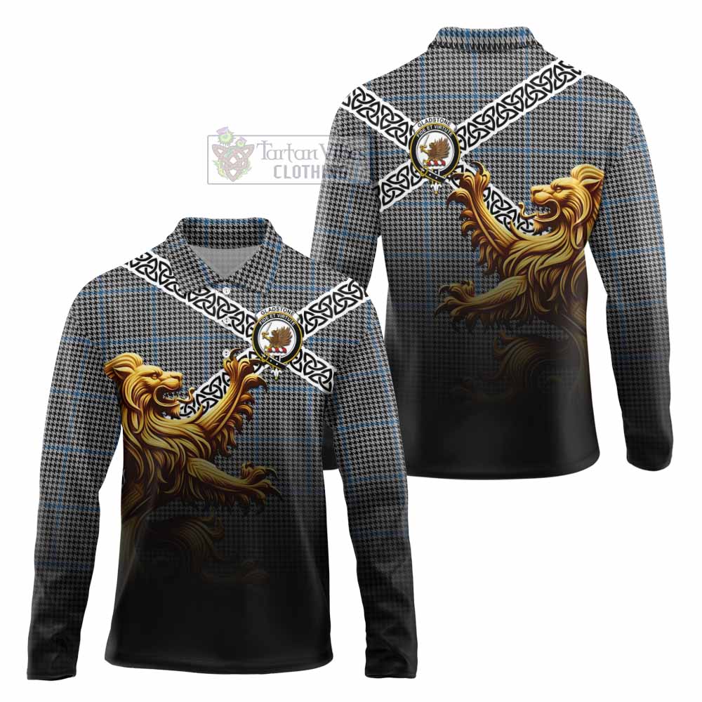 Gladstone (Gladstanes) Crest Tartan Long Sleeve Polo Shirt with Golden Lion Emblem Celtic Style - Tartan Vibes Clothing