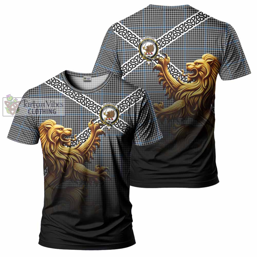 Tartan Vibes Clothing Gladstone (Gladstanes) Crest Tartan T-Shirt with Golden Lion Emblem Celtic Style