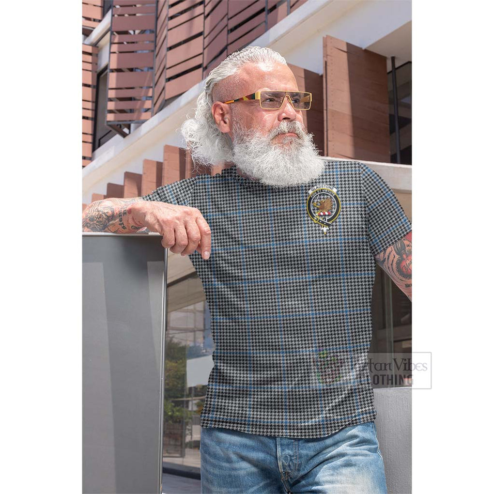 Tartan Vibes Clothing Gladstone (Gladstanes) Tartan Cotton T-shirt with Family Crest and Bearded Skull Holding Bottles of Whiskey