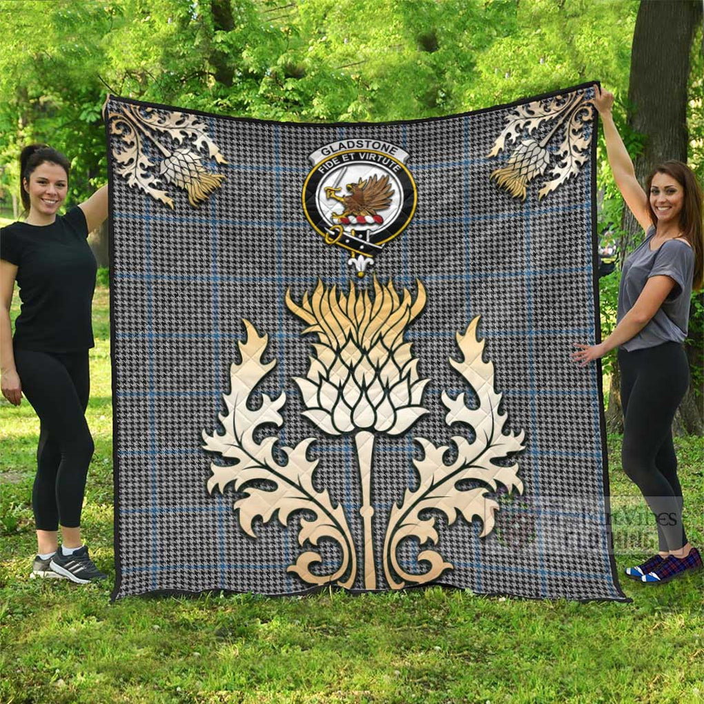 Tartan Vibes Clothing Gladstone (Gladstanes) Tartan Quilt with Family Crest and Golden Thistle Style