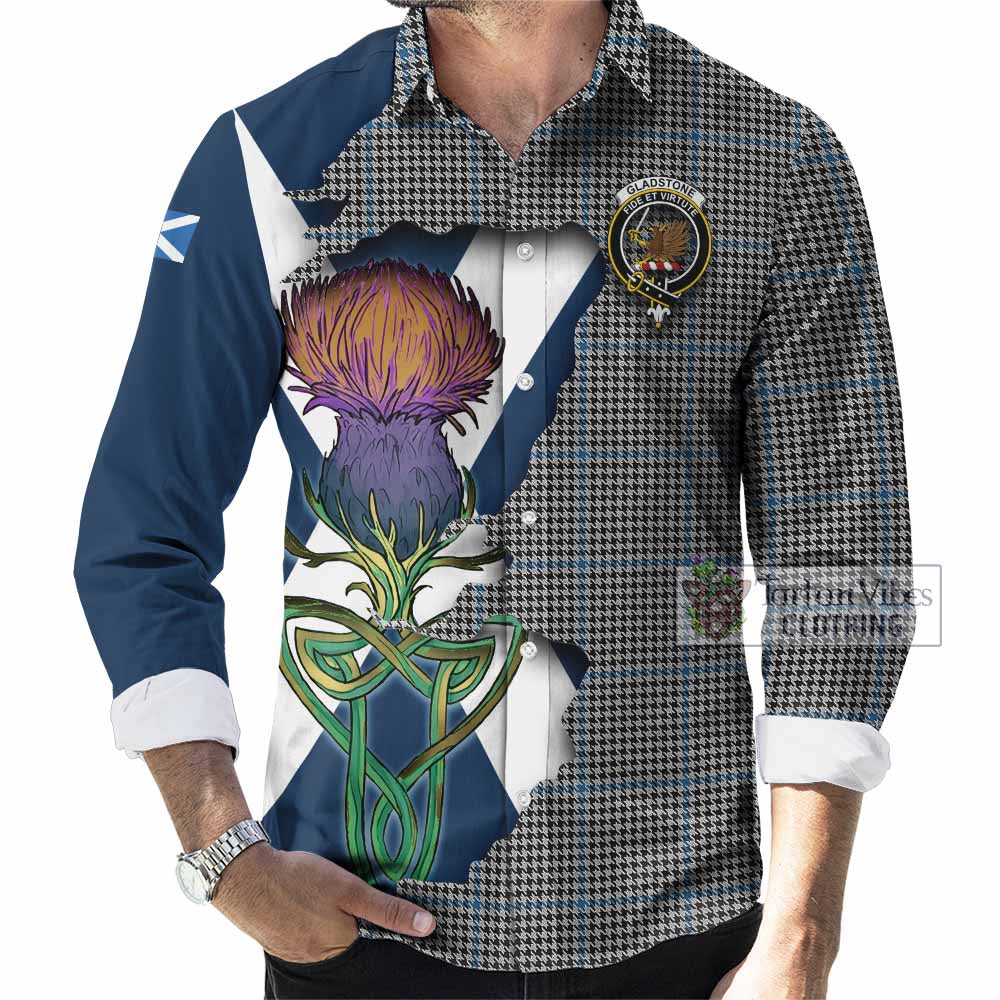 Tartan Vibes Clothing Gladstone (Gladstanes) Tartan Family Crest Long Sleeve Button Shirt Scottish Thistle Celtic Inspired