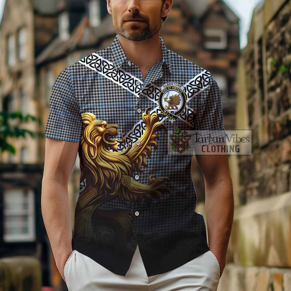 Gladstone (Gladstanes) Crest Tartan Hawaiian Shirt with Golden Lion Emblem Celtic Style - Tartan Vibes Clothing