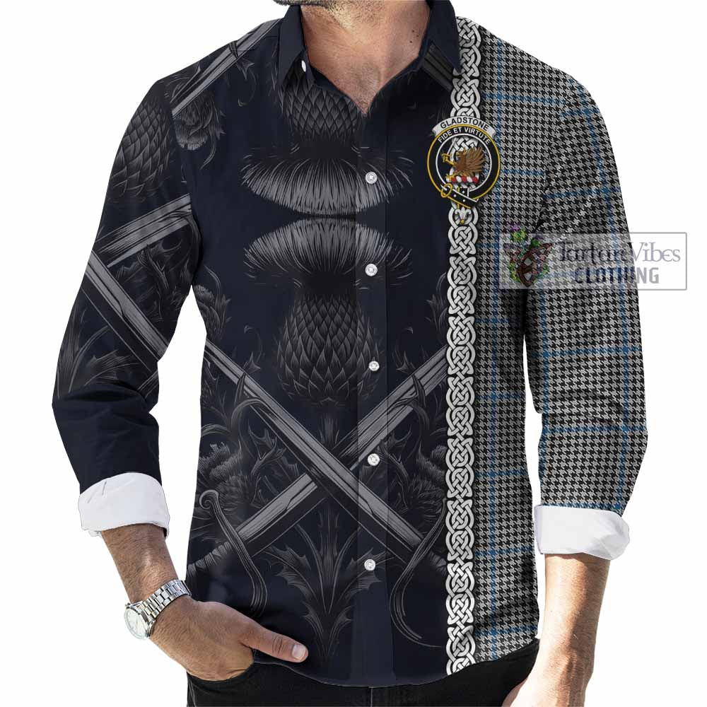 Tartan Vibes Clothing Gladstone (Gladstanes) Tartan Long Sleeve Button Shirt with Family Crest Cross Sword Thistle Celtic Vibes