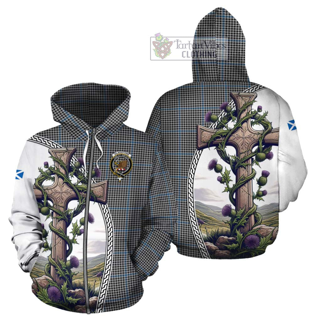 Tartan Vibes Clothing Gladstone (Gladstanes) Tartan Cotton Hoodie with Family Crest and St. Andrew's Cross Accented by Thistle Vines