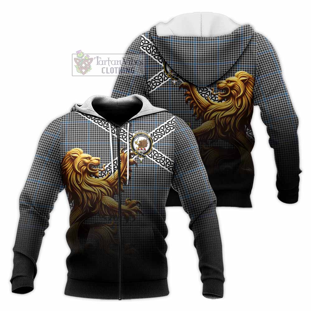 Gladstone (Gladstanes) Crest Tartan Knitted Hoodie with Golden Lion Emblem Celtic Style Unisex Knitted Zip Hoodie - Tartan Vibes Clothing