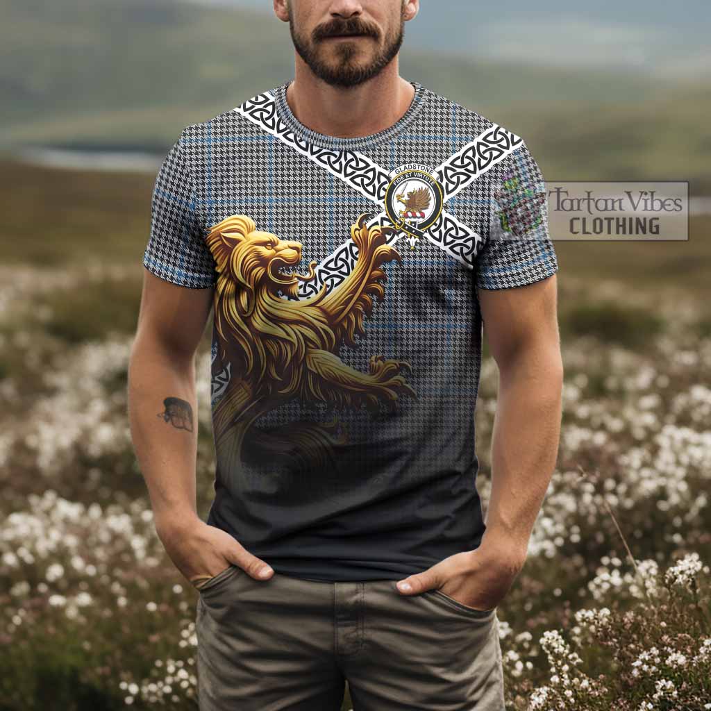 Tartan Vibes Clothing Gladstone (Gladstanes) Crest Tartan T-Shirt with Golden Lion Emblem Celtic Style