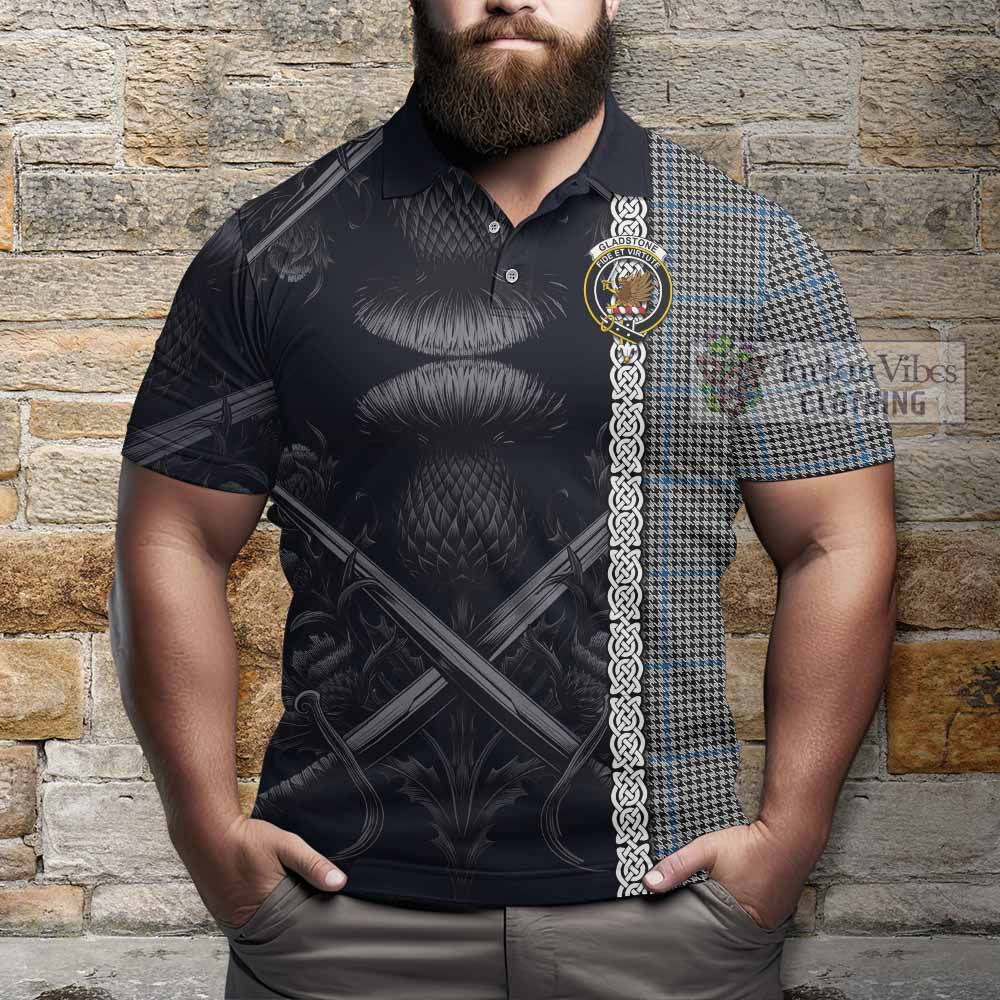 Gladstone (Gladstanes) Tartan Polo Shirt with Family Crest Cross Sword Thistle Celtic Vibes - Tartan Vibes Clothing