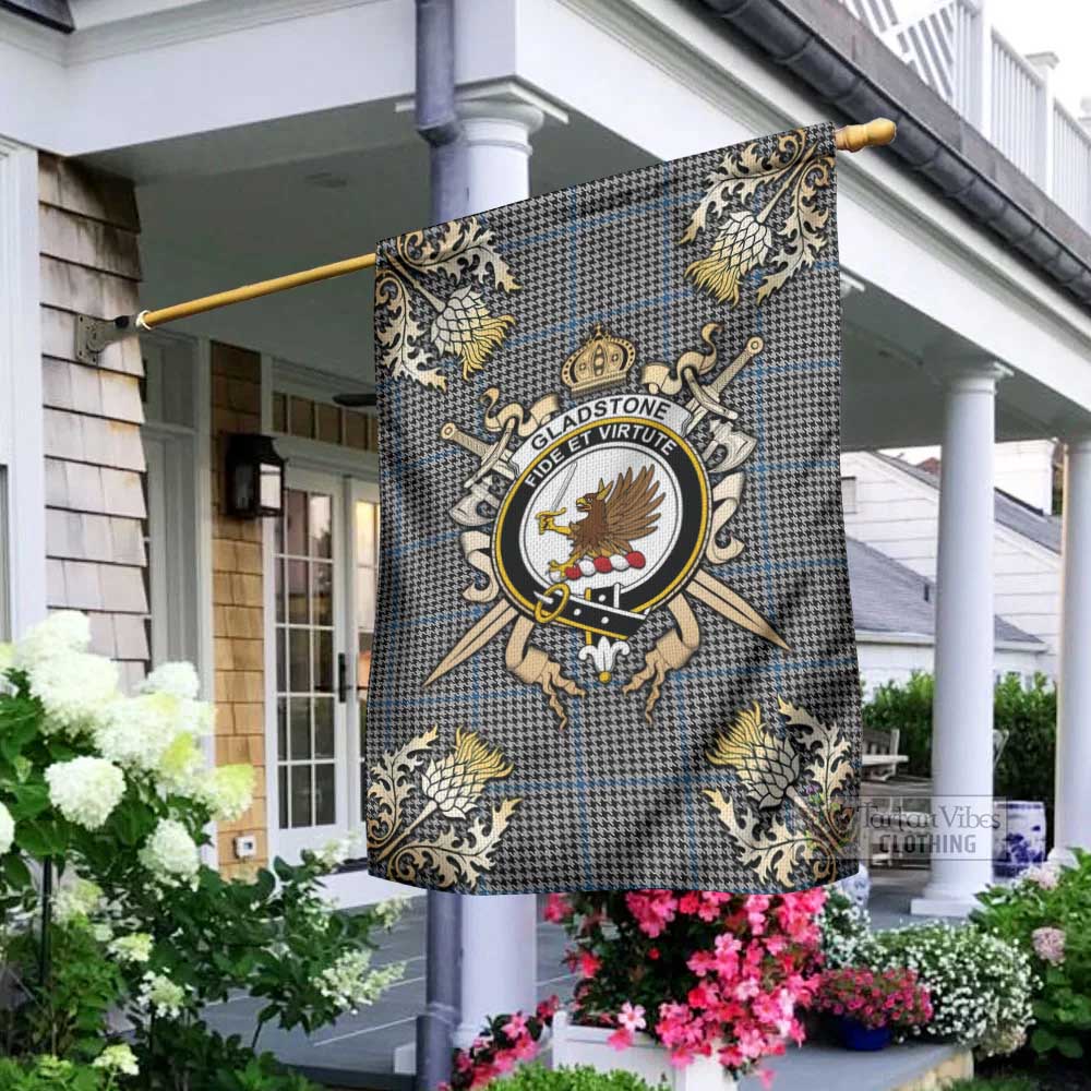 Gladstone (Gladstanes) Tartan Garden Flag with Family Crest and Golden Thistle Crossed Sword Design - Tartan Vibes Clothing