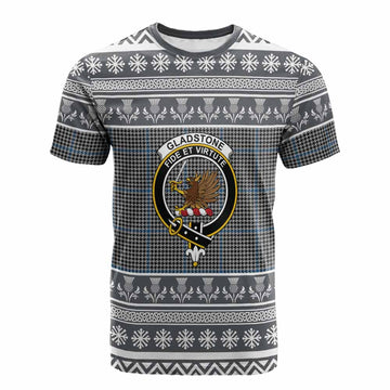 Gladstone (Gladstanes) Clan Tartan Christmas Cotton T-shirt with Family Crest