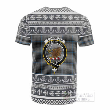 Gladstone (Gladstanes) Clan Tartan Christmas Cotton T-shirt with Family Crest
