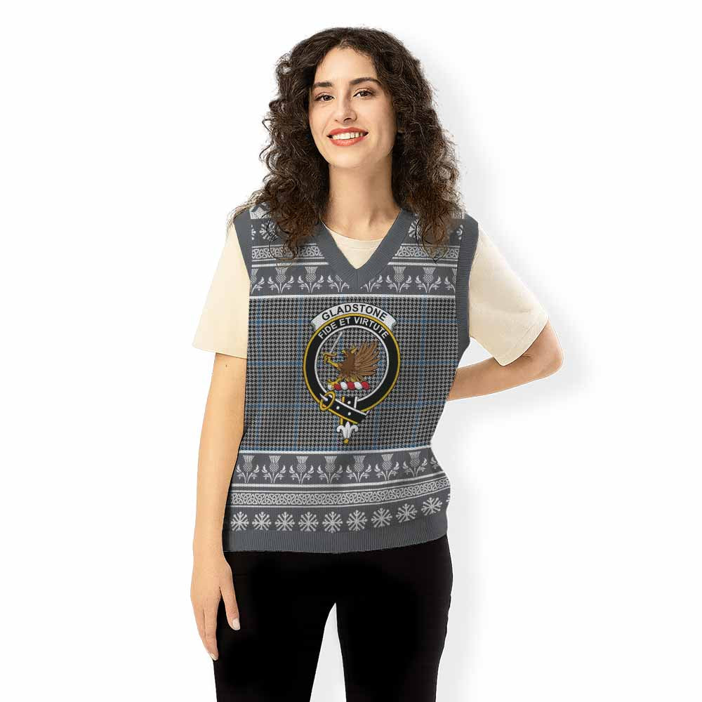 Gladstone (Gladstanes) Clan Tartan Christmas Knitted V-Neck Vest with Family Crest - Tartan Vibes Clothing