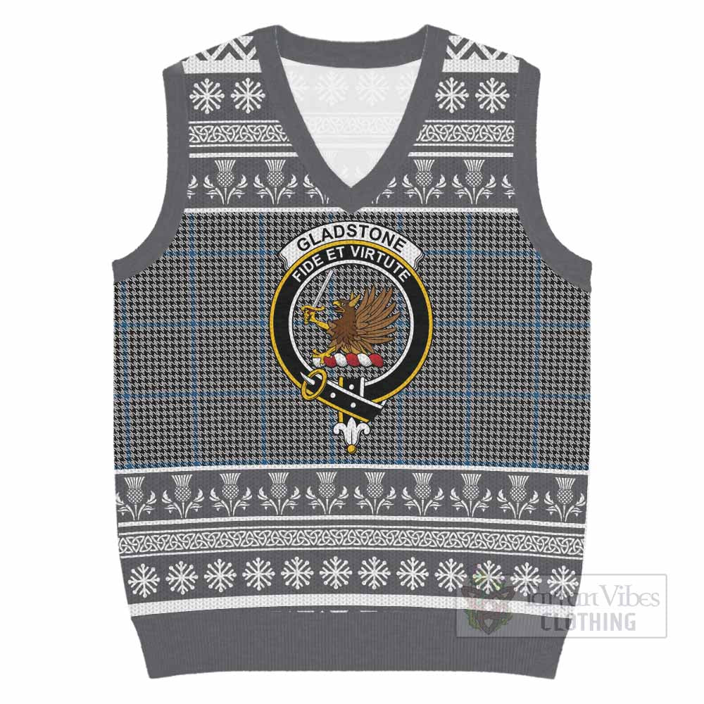 Gladstone (Gladstanes) Clan Tartan Christmas Knitted V-Neck Vest with Family Crest - Tartan Vibes Clothing