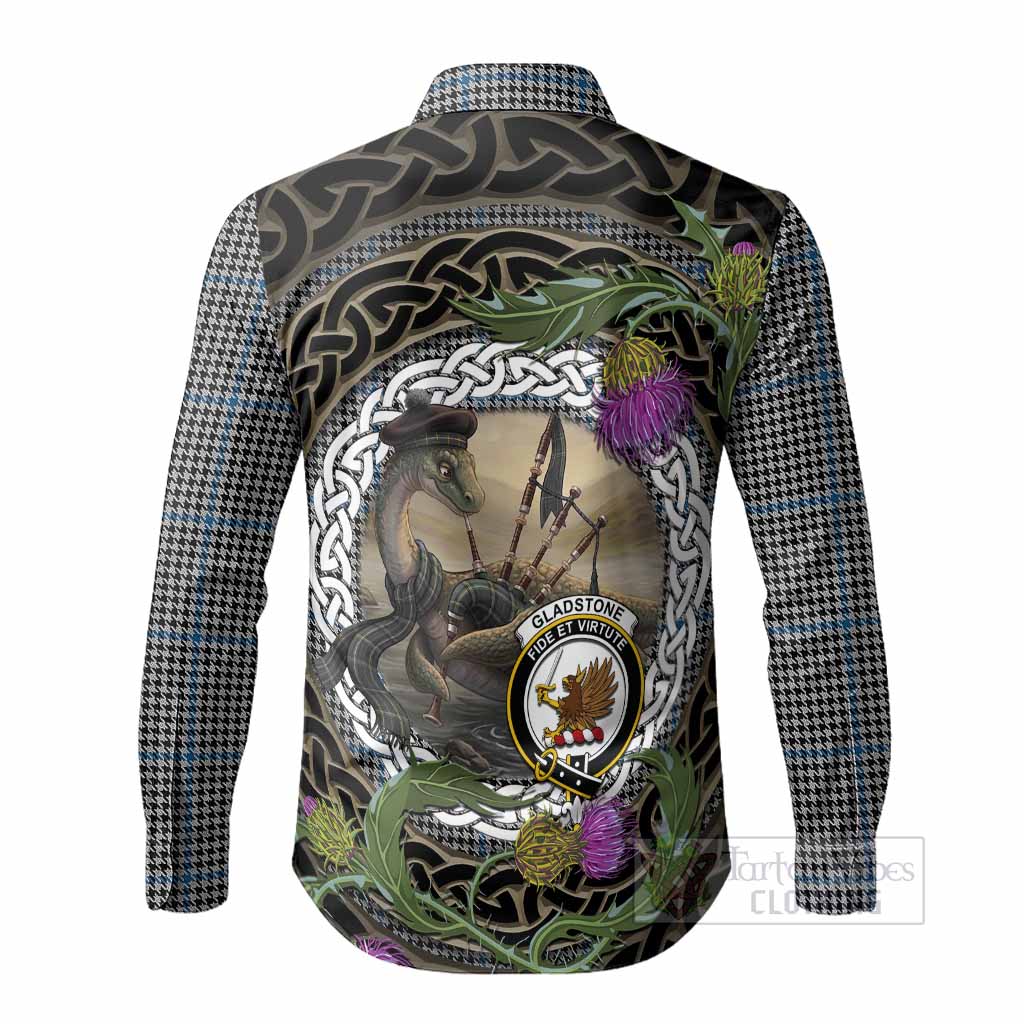 Gladstone (Gladstanes) Tartan Crest Bagpipe Nessie Long Sleeve Button Shirts Scottish Loch Ness Monster Celtic Thistle