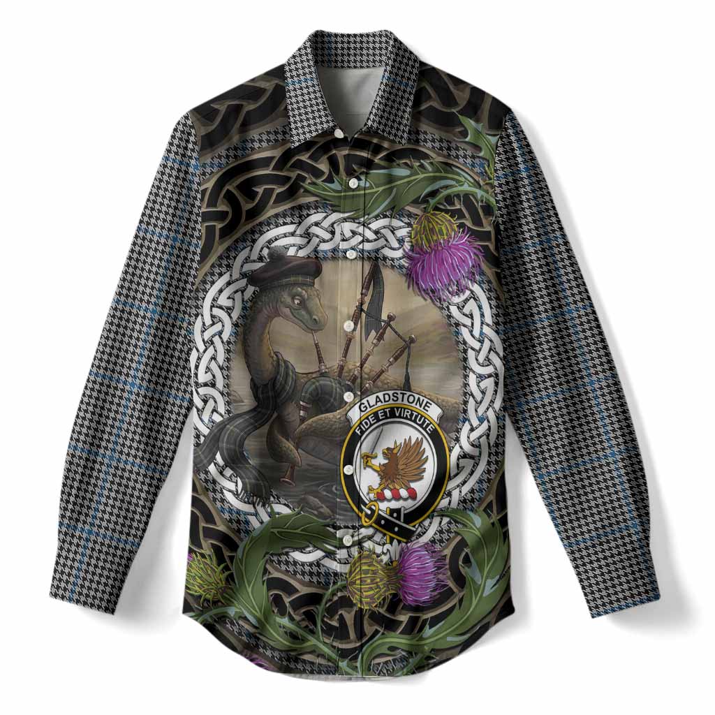 Gladstone (Gladstanes) Tartan Crest Bagpipe Nessie Women Casual Shirt Scottish Loch Ness Monster Celtic Thistle