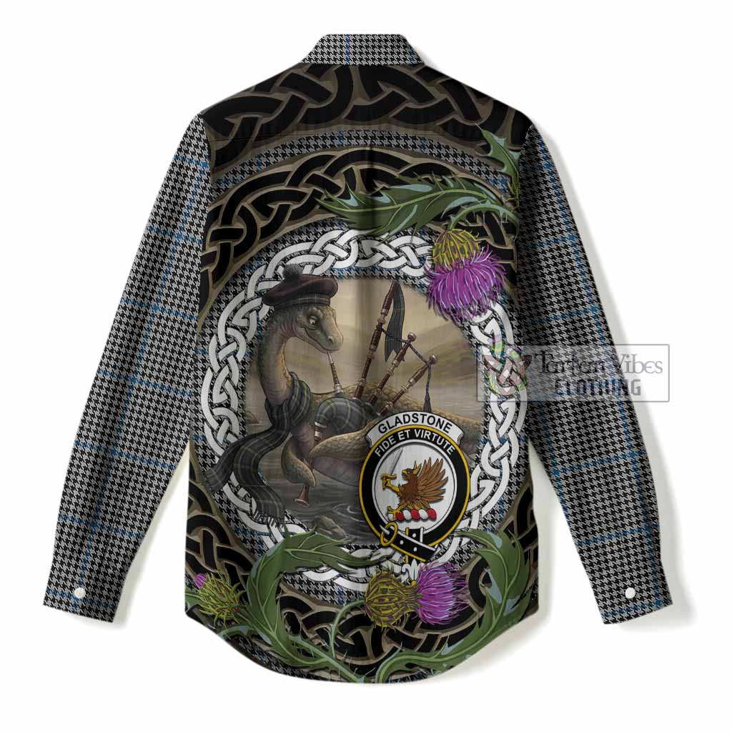 Gladstone (Gladstanes) Tartan Crest Bagpipe Nessie Women Casual Shirt Scottish Loch Ness Monster Celtic Thistle