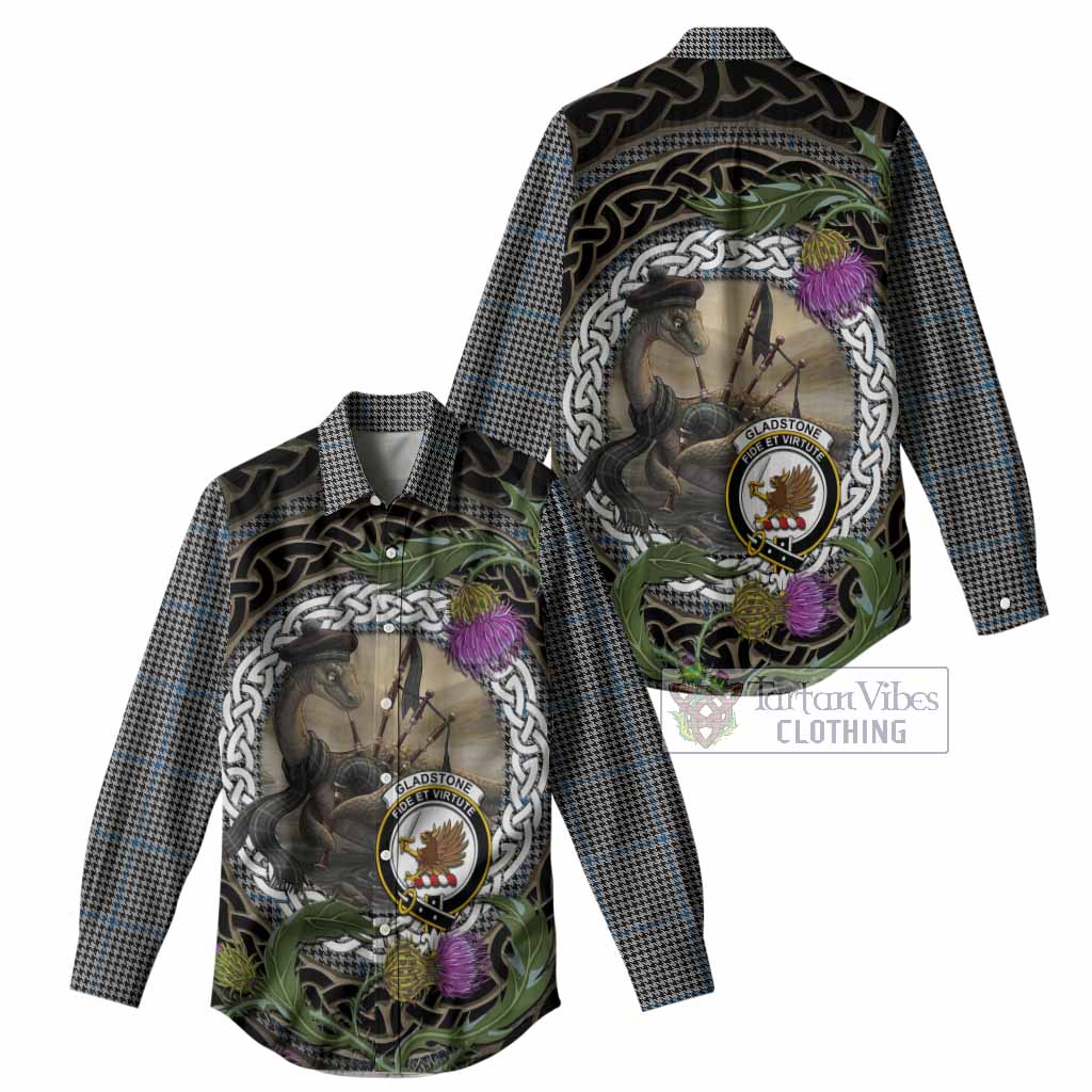 Gladstone (Gladstanes) Tartan Crest Bagpipe Nessie Women Casual Shirt Scottish Loch Ness Monster Celtic Thistle