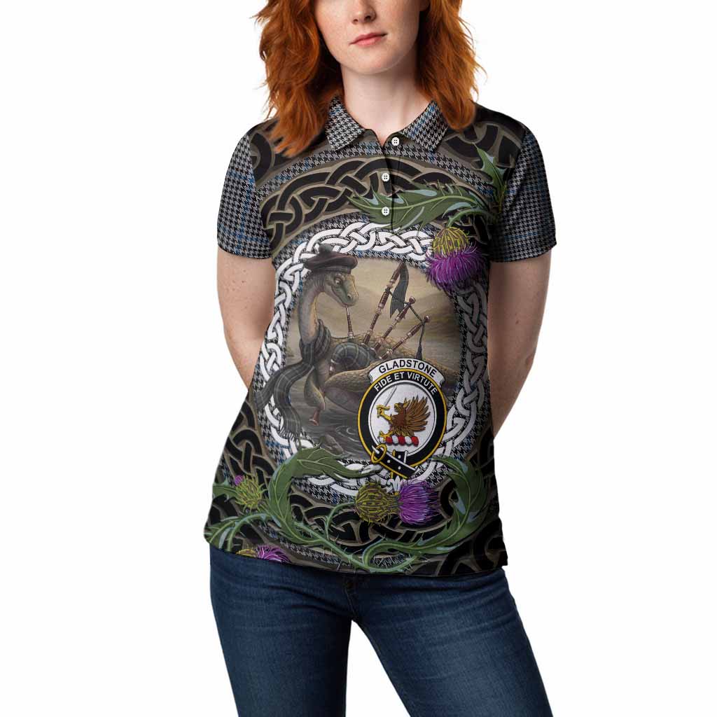 Gladstone (Gladstanes) Tartan Crest Bagpipe Nessie Women Polo Shirt Scottish Loch Ness Monster Celtic Thistle